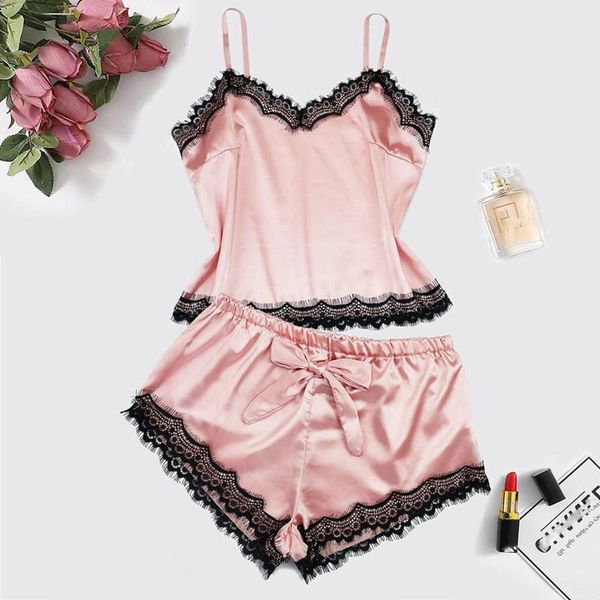 bras sets 2021 women's pajamas set fashion solid color suspenders cute bow satin various styles trajes de mujer, Red;black